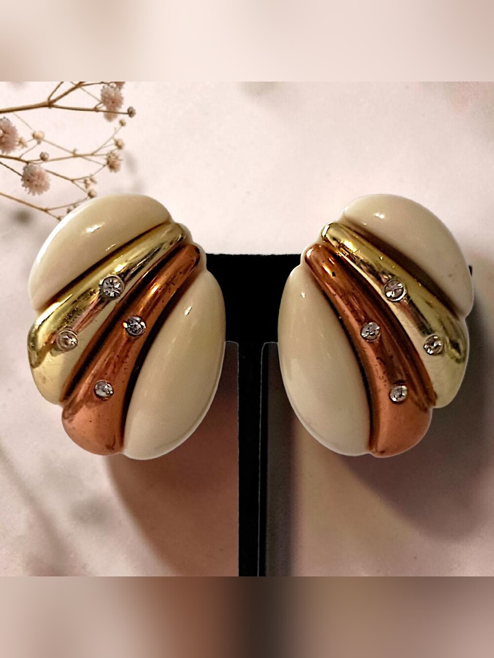 Vtg 80s Bubble Acrylic Rhinestone Earrings Copper Gold Clip On Maximalist Modern